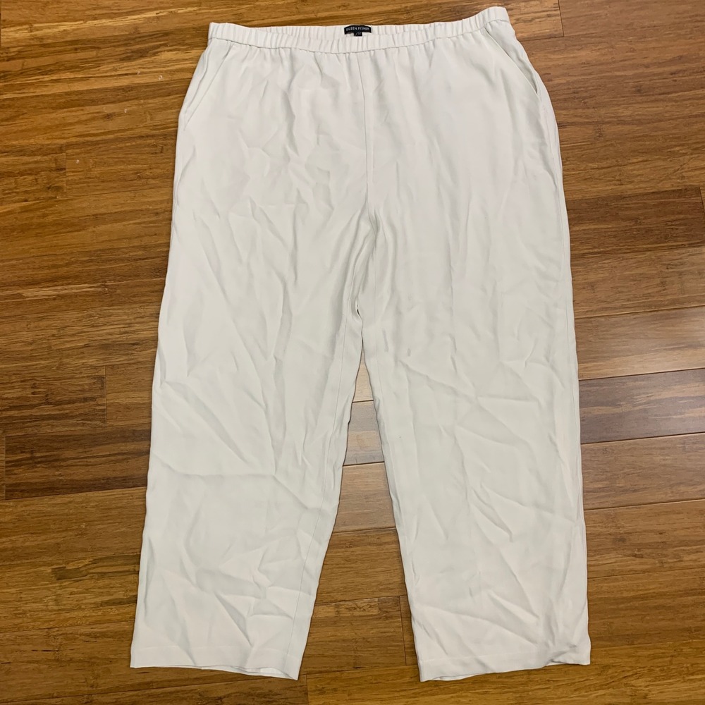 Eileen Fisher Straight Ankle Pants Womens XL Ivory White 100% Silk Elastic Waist